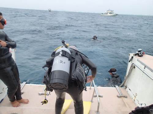 沖縄ダイビングで溺者役を助けに行こうとしてる様子です